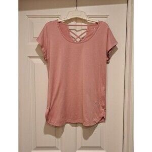 Tuff Athletics Women's Sz S Top Pink cross back stretchy athletic yoga tee shirt